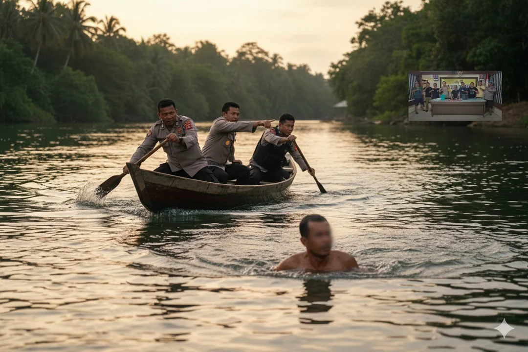 Dramatis! Pengedar Narkoba Nekat Ceburkan Diri ke Sungai Kapuas, Polisi Kejar Menggunakan Sampan. (FOTO: ILUSTRASI AI)
