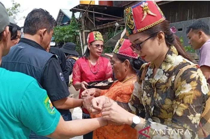 Warga Suku Dayak Wehea mengikatkan gelang manik ke PPP-MHA saat melakukan verifikasi untuk pengakuan MHA di Desa Deabeq, Kecamatan Muara Wahau, Selasa (30/7) (Antara/ M Ghofar).