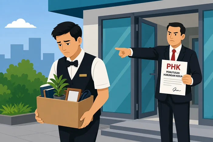 ILUSTRASI - Gambar Ilustrasi seorang pramubakti yang mendapatkan PHK sepihak. (Generate AI ChatGpt)