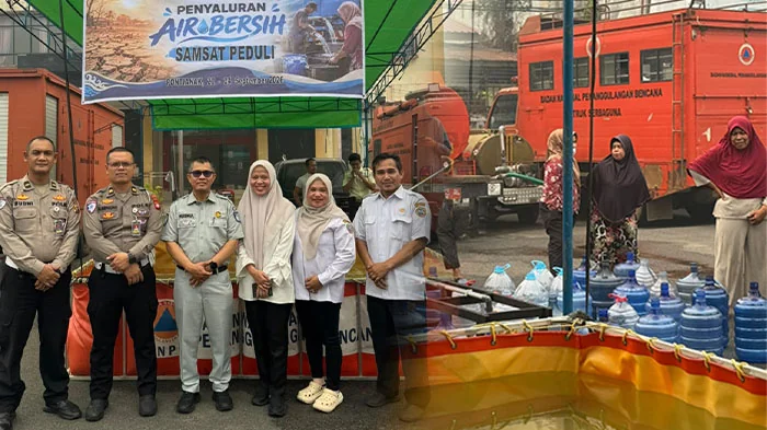 Samsat Pontianak melalui program Samsat Peduli menyalurkan bantuan air bersih kepada masyarakat Kelurahan Bangka Belitung Laut dan sekitarnya, Kota Pontianak.