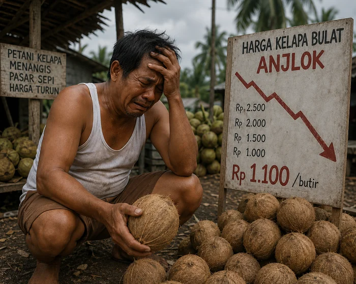 ANJLOK - Ilustrasi Petani Kelapa di Kabupaten Kubu Raya Kalbar mengeluhkan turunnya harga jual kelapa bulat di pasararan. Sebelumnya Harga pernah mencapai Rp 5000 ribu perbutir, kini harganya tinggal Rp 1.100 (Foto Generate AI)