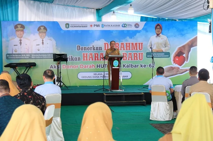 SAMBUTAN - Wakil Gubernur Kalimantan Barat Krisantus Kurniawan Kegiatan donor darah yang berlangsung di Gedung Diklat Dana Pensiun Bank Kalbar, Selasa (5/5/2026). Agenda tersebut digelar dalam rangka HUT ke 62 Bank Kalbar.